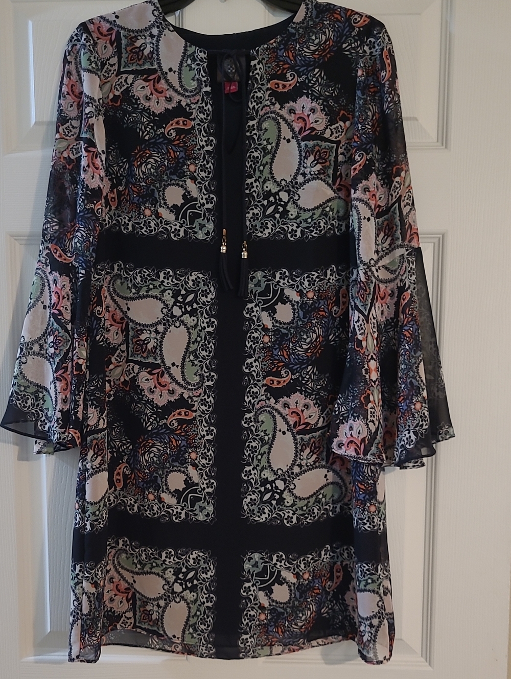 Vince Camuto Black Sheer Paisley Bell-Sleeve Dress